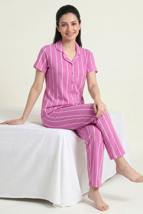 Zivame Thin Stripes Knit Cotton Pyjama Set - Spring Crocus — image 5